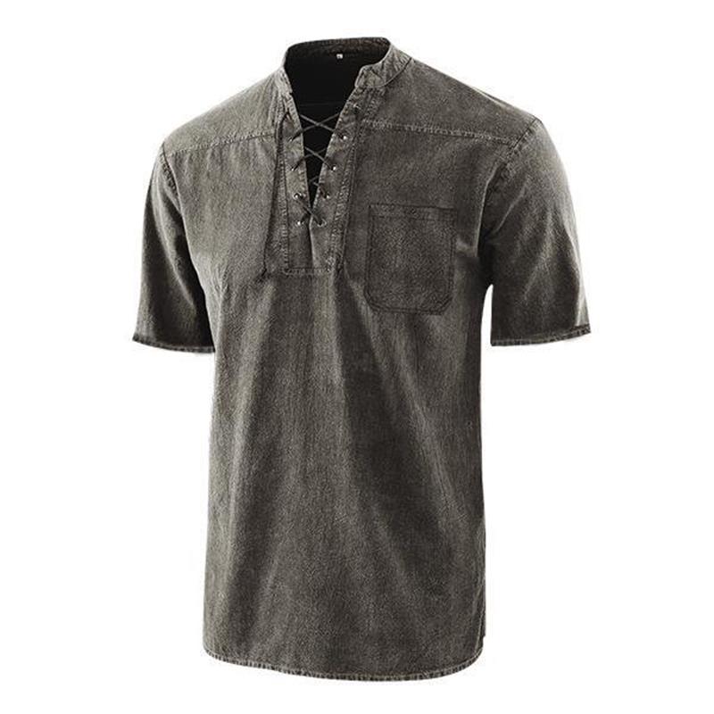 đ„°Vintage herr V hals slips linne ficka kortĂ€rmad T Shirt lös topp
