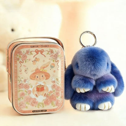 🎁Sista dagen 50% RABATT🐰Mjuk handgjord fluffig kanin-pompomnyckelring med designad plåtask