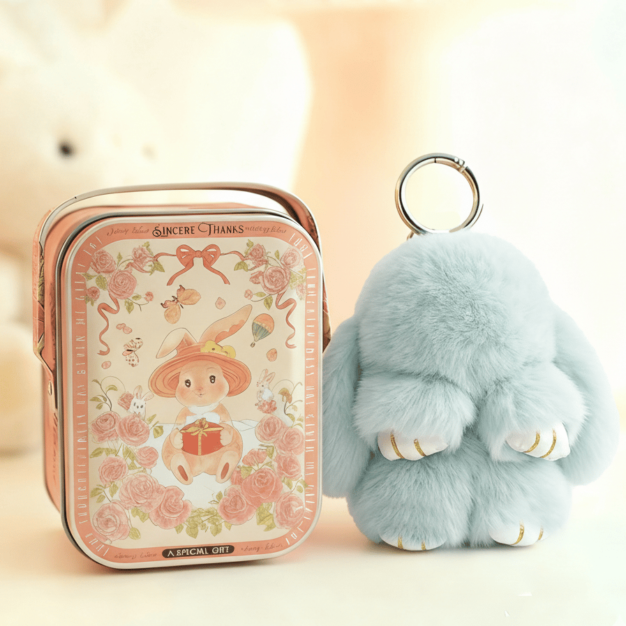 🎁Sista dagen 50% RABATT🐰Mjuk handgjord fluffig kanin-pompomnyckelring med designad plåtask
