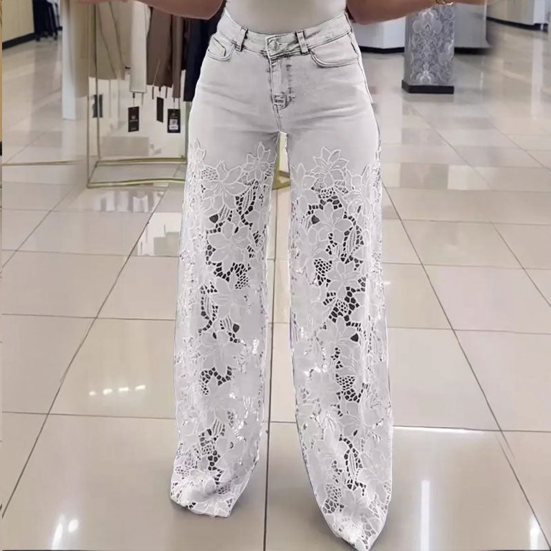 ⚡ 49% REA - TIDSBEGRÄNSAT ERBJUDANDE! ⏱️Lace patchwork ihåliga jeans för kvinnor