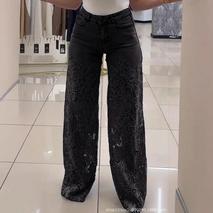 ⚡ 49% REA - TIDSBEGRÄNSAT ERBJUDANDE! ⏱️Lace patchwork ihåliga jeans för kvinnor