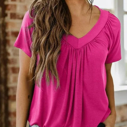 Casual plisserad skjorta för kvinnor med kort V-ringning