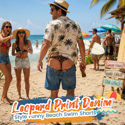 Sjove badeshorts i leopardmønster, der ligner denim | Originale badeshorts med optisk illusion