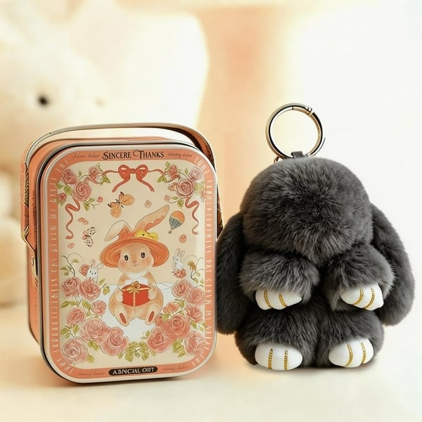 🎁Sista dagen 50% RABATT🐰Mjuk handgjord fluffig kanin-pompomnyckelring med designad plåtask