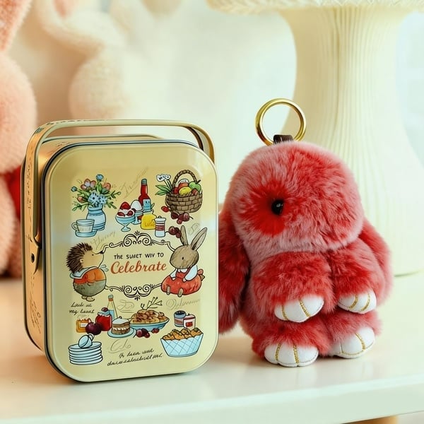 🎁Sista dagen 50% RABATT🐰Mjuk handgjord fluffig kanin-pompomnyckelring med designad plåtask