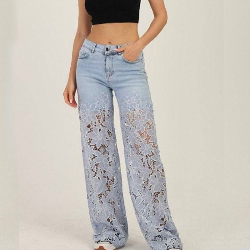 ⚡ 49% REA - TIDSBEGRÄNSAT ERBJUDANDE! ⏱️Lace patchwork ihåliga jeans för kvinnor