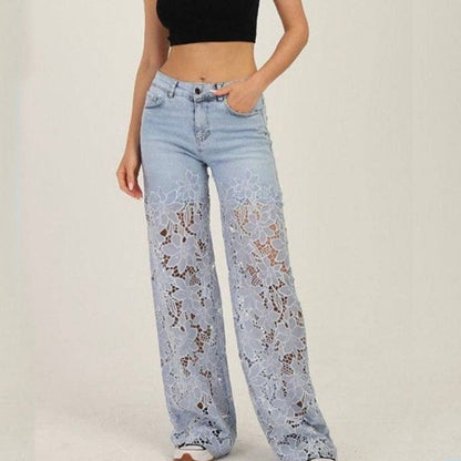 ⚡ 49% REA - TIDSBEGRÄNSAT ERBJUDANDE! ⏱️Lace patchwork ihåliga jeans för kvinnor