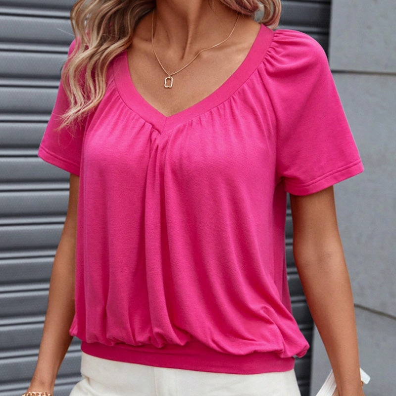 Casual plisserad skjorta för kvinnor med kort V-ringning