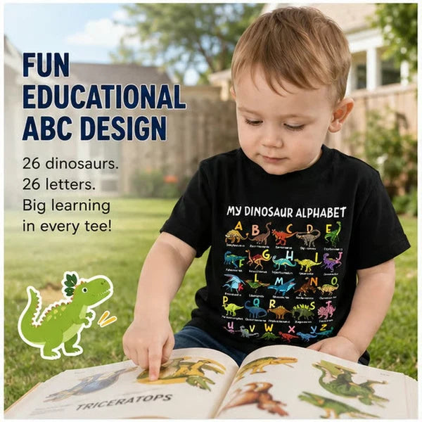🔥Børne-T-shirt med dinosaur- og alfabetprint🔥