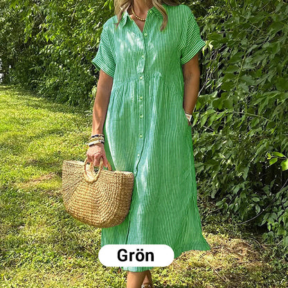 👗 50% RABATT! 💗 Randig Lång V-ringad Skjortklänning för Kvinnor – Sommarrea – Luftig & Bekväm, Klassisk Look & Perfekt för Varma Dagar ☀️