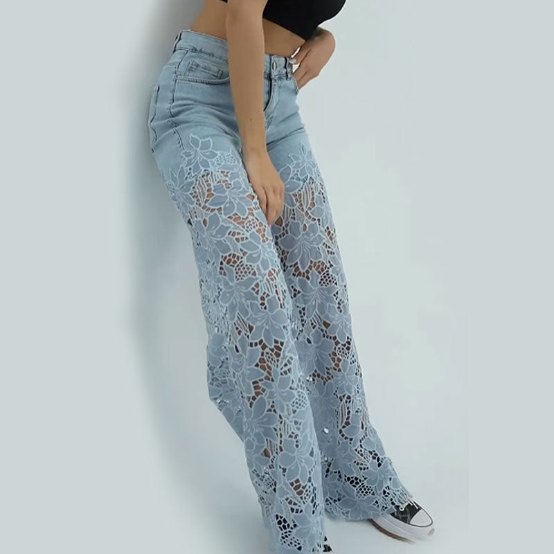 ⚡ 49% REA - TIDSBEGRÄNSAT ERBJUDANDE! ⏱️Lace patchwork ihåliga jeans för kvinnor