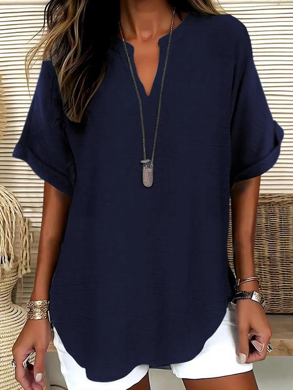 ✨👚Enkel kortærmet bluse til kvinder, afslappet ensfarvet top til hverdagsbrug