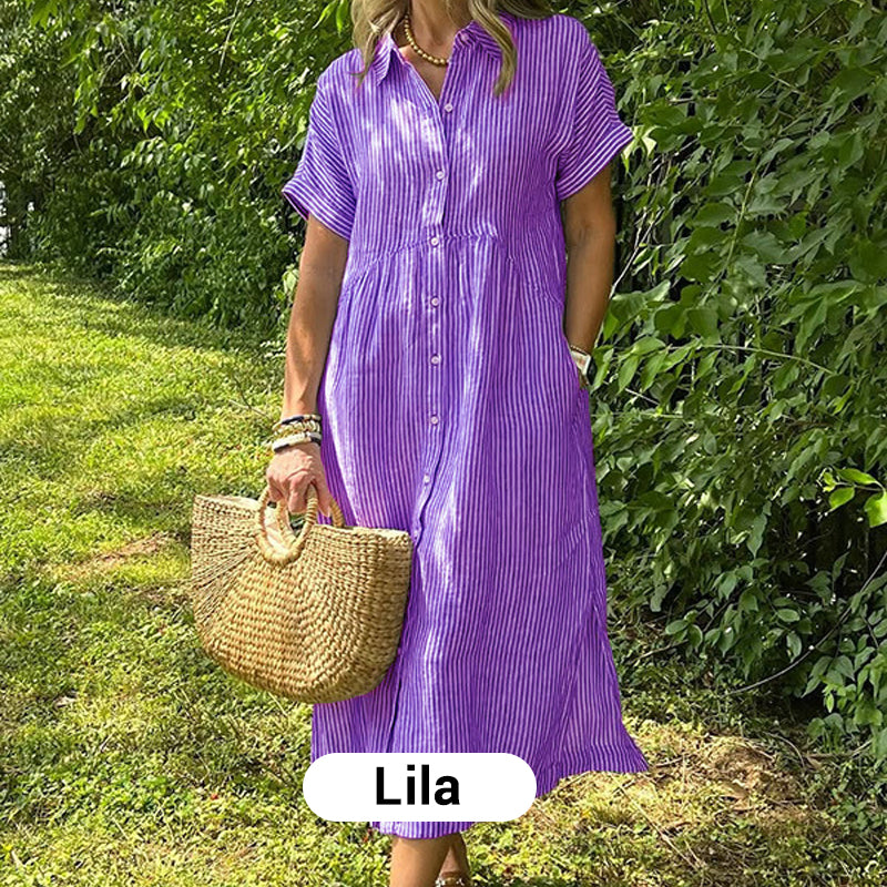 👗 50% RABATT! 💗 Randig Lång V-ringad Skjortklänning för Kvinnor – Sommarrea – Luftig & Bekväm, Klassisk Look & Perfekt för Varma Dagar ☀️