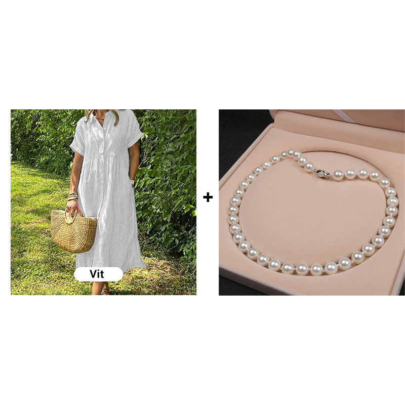 👗 50% RABATT! 💗 Randig Lång V-ringad Skjortklänning för Kvinnor – Sommarrea – Luftig & Bekväm, Klassisk Look & Perfekt för Varma Dagar ☀️