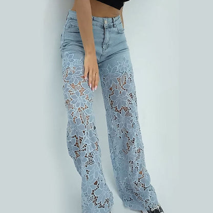 ⚡ 49% REA - TIDSBEGRÄNSAT ERBJUDANDE! ⏱️Lace patchwork ihåliga jeans för kvinnor
