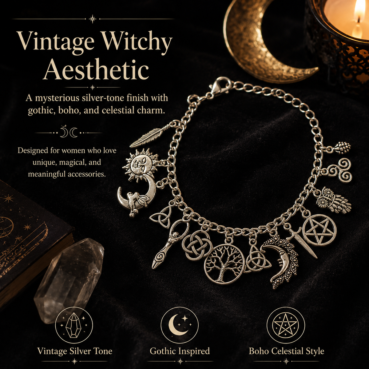 Vintage-armbånd med hekse-charms | Himmelsk gotisk boho-smykke til kvinde