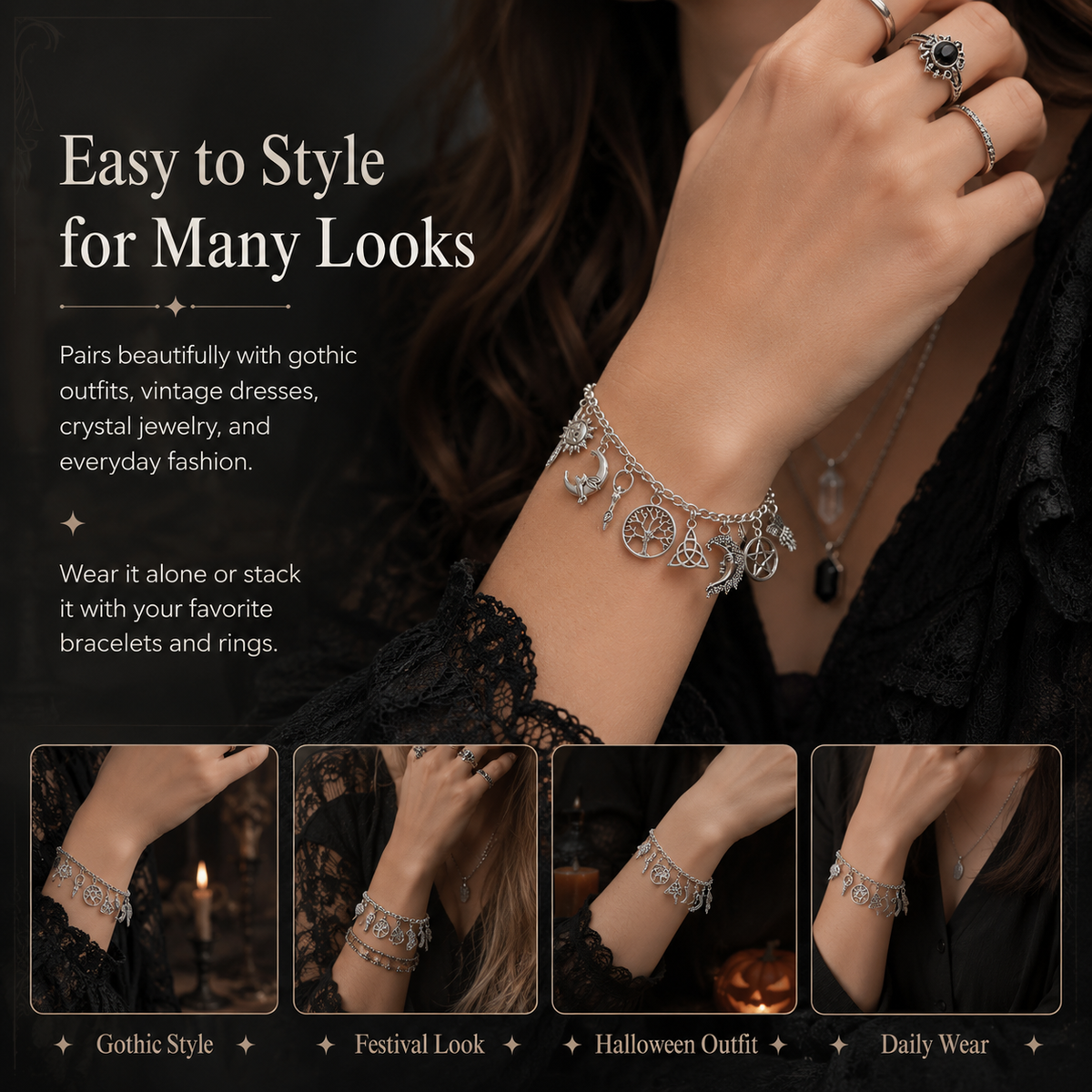 Vintage-armbånd med hekse-charms | Himmelsk gotisk boho-smykke til kvinde