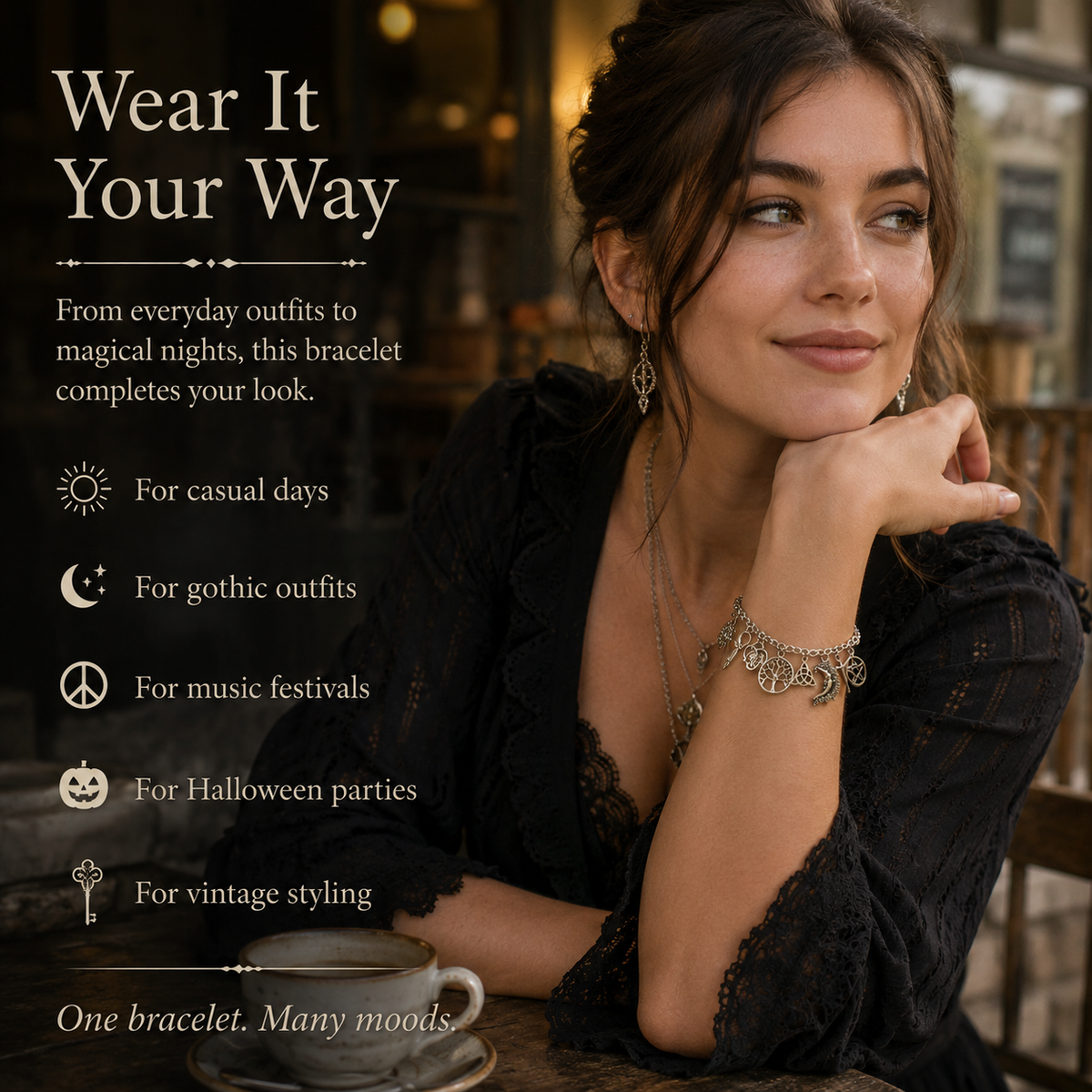 Vintage-armbånd med hekse-charms | Himmelsk gotisk boho-smykke til kvinde