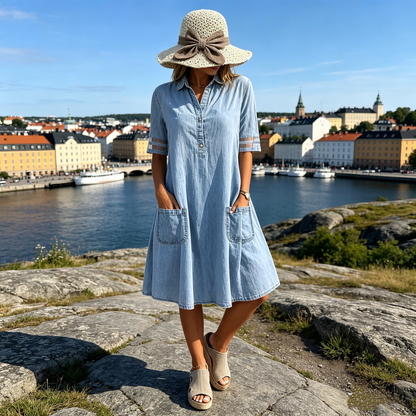 🎁Begrænset tidsbegrænset 50% RABAT⏳Blå, enkel denim minikjole med krave og blondekant