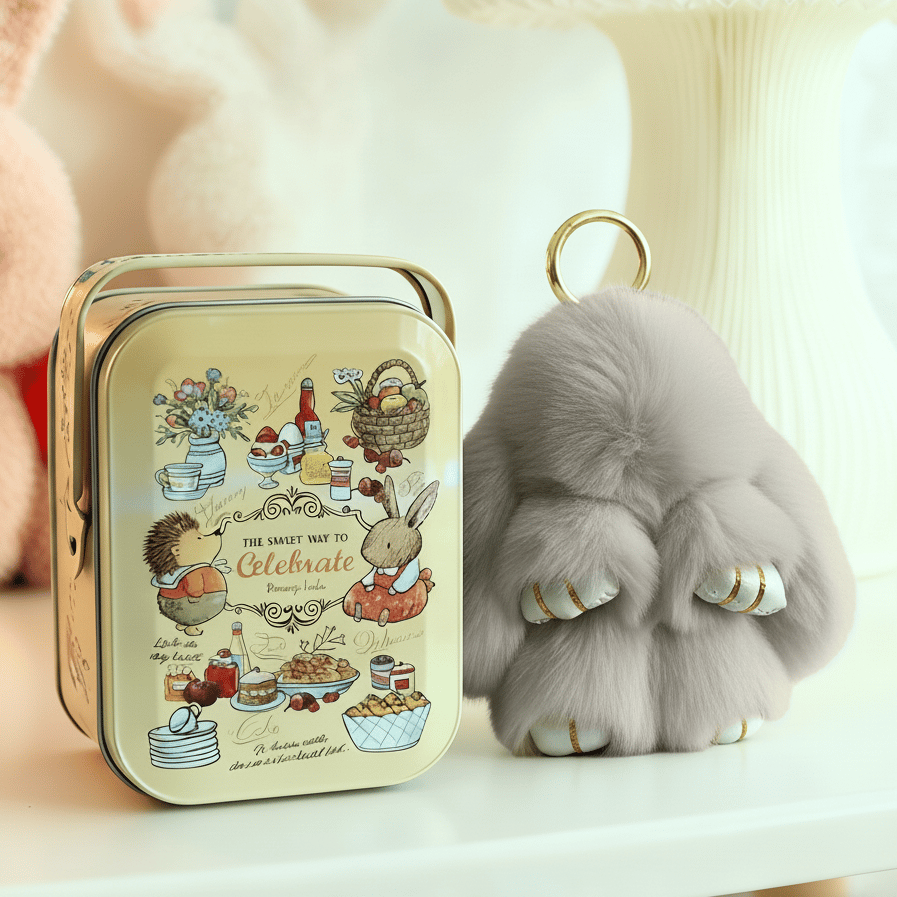 🎁Sista dagen 50% RABATT🐰Mjuk handgjord fluffig kanin-pompomnyckelring med designad plåtask