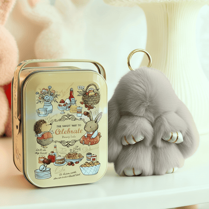🎁Sista dagen 50% RABATT🐰Mjuk handgjord fluffig kanin-pompomnyckelring med designad plåtask