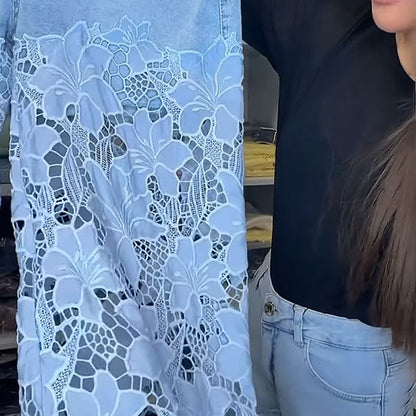 ⚡ 49% REA - TIDSBEGRÄNSAT ERBJUDANDE! ⏱️Lace patchwork ihåliga jeans för kvinnor