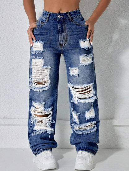 ✨ Effortless Everyday Style | Women's Distressed High-Rise Wide-Leg Jeans