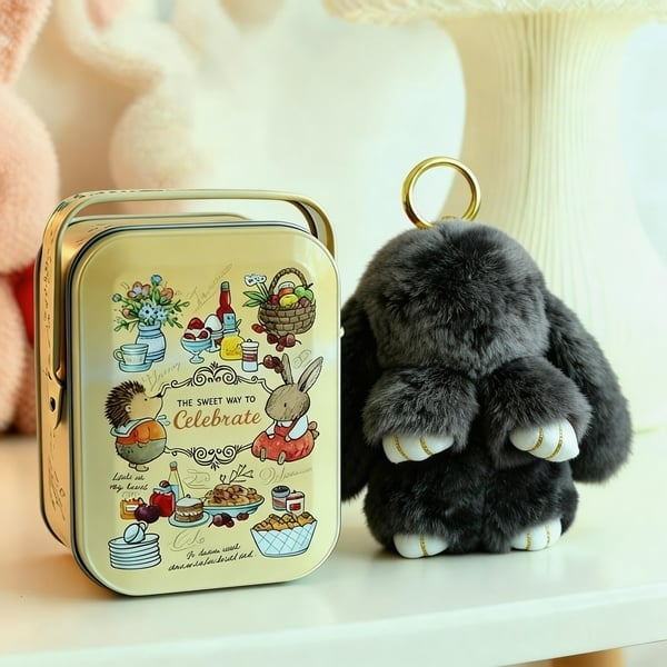 🎁Sista dagen 50% RABATT🐰Mjuk handgjord fluffig kanin-pompomnyckelring med designad plåtask