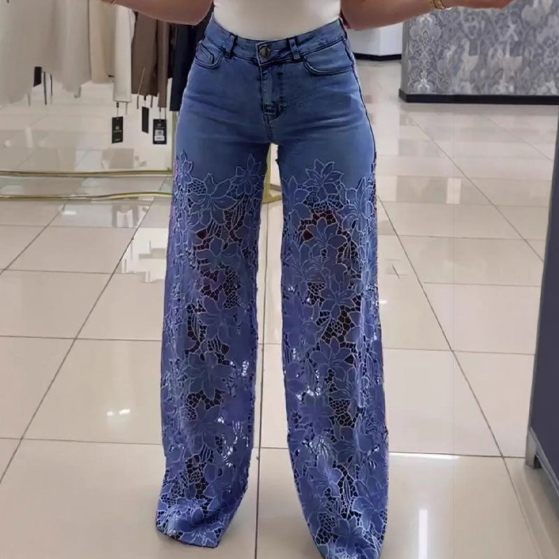 ⚡ 49% REA - TIDSBEGRÄNSAT ERBJUDANDE! ⏱️Lace patchwork ihåliga jeans för kvinnor