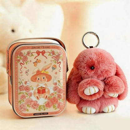 🎁Sista dagen 50% RABATT🐰Mjuk handgjord fluffig kanin-pompomnyckelring med designad plåtask