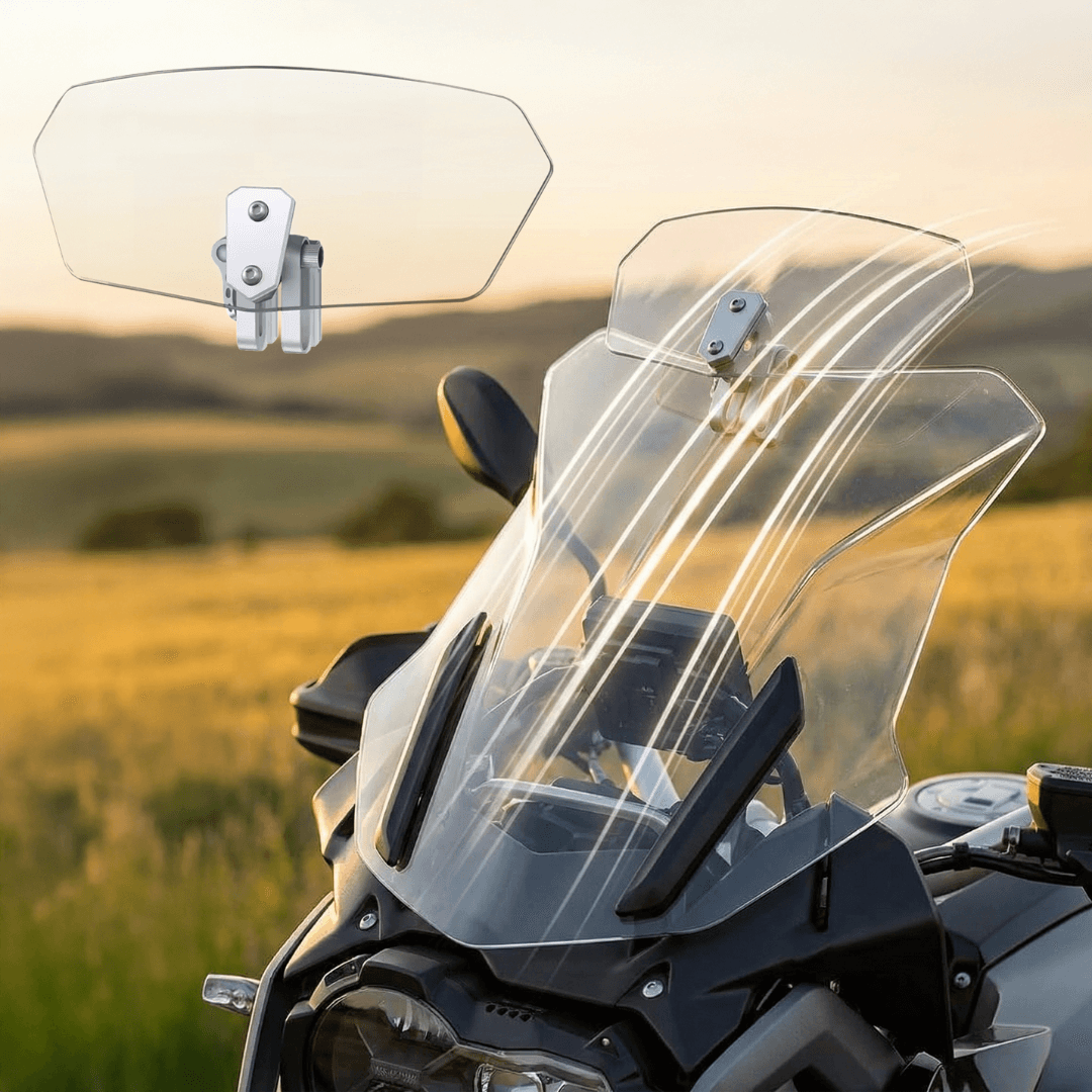 🏍️Justerbar motorcykelvindafviser – Universel vindskærmspoiler til hjelmvibration, vindstøj & turbulens