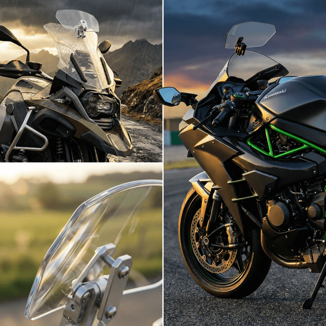 🏍️Justerbar motorcykelvindafviser – Universel vindskærmspoiler til hjelmvibration, vindstøj & turbulens