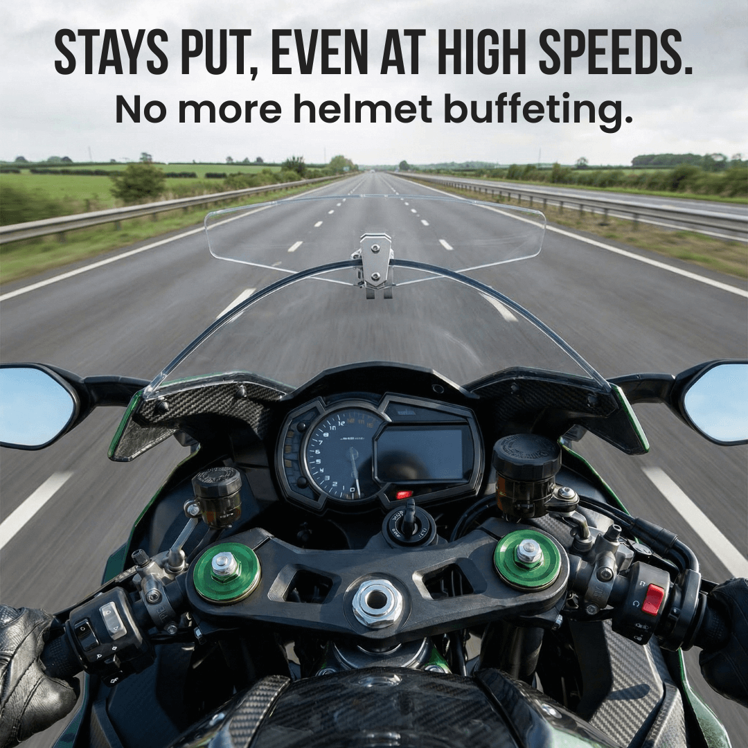 🏍️Justerbar motorcykelvindafviser – Universel vindskærmspoiler til hjelmvibration, vindstøj & turbulens