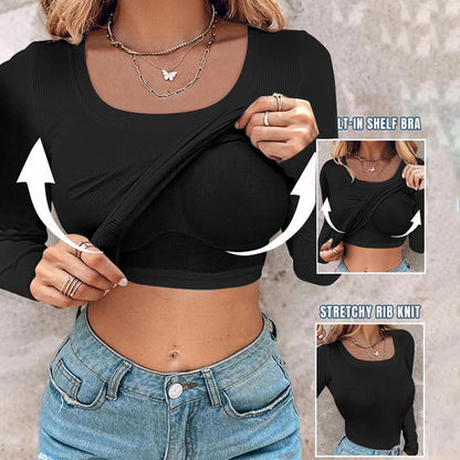 Chicme rund halsringad ribbad linne med inbyggd bh, passform avslappnad och bekväm - 💥