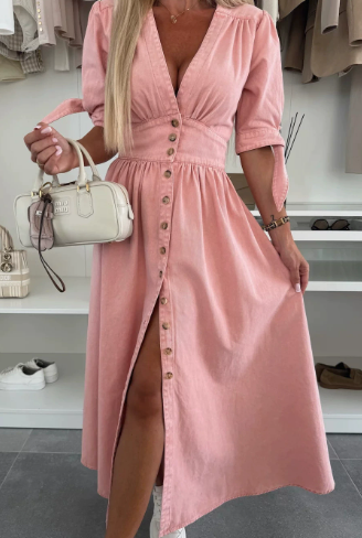 🌷Vårrea 49% rabatt🍃👗Damklänning med V-ringning och knappar framtill