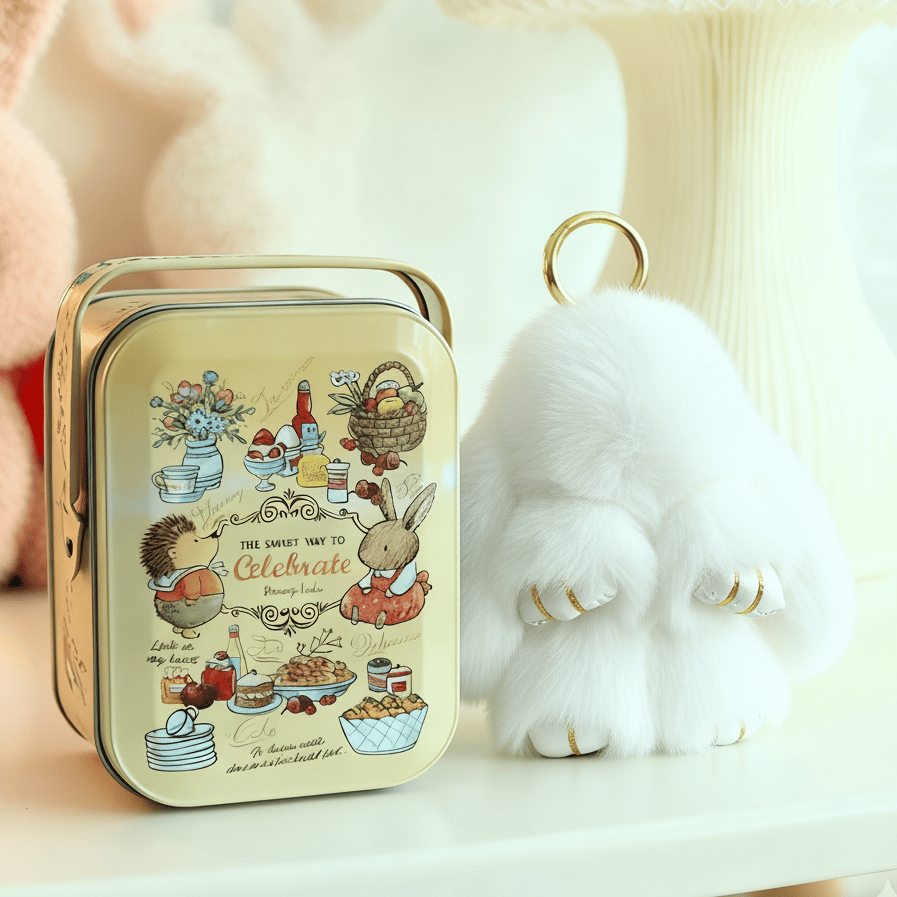 🎁Sista dagen 50% RABATT🐰Mjuk handgjord fluffig kanin-pompomnyckelring med designad plåtask