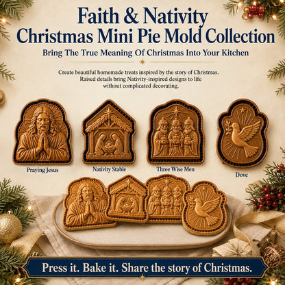 ✝️ Faith & Nativity-kollektion af mini-tærteforme til jul | Genanvendelige prægede forme til at forme detaljerede tærter med den bedende Jesus, krybbestallen og meget mere🥧✨