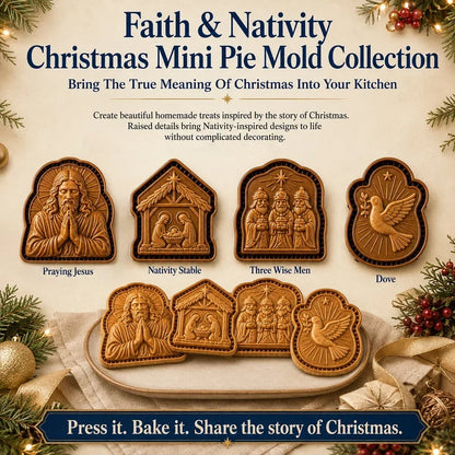 ✝️ Faith & Nativity-kollektion af mini-tærteforme til jul | Genanvendelige prægede forme til at forme detaljerede tærter med den bedende Jesus, krybbestallen og meget mere🥧✨