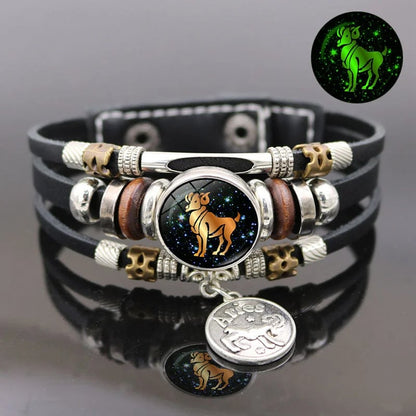 Glow-in-the-Dark 12 Leather Zodiac Bracelet for Men and Women(6.9/8.1in)