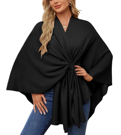 Elegant sjalomslagströja med öppen front och poncho