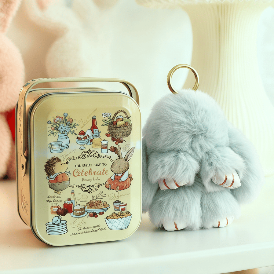 🎁Sista dagen 50% RABATT🐰Mjuk handgjord fluffig kanin-pompomnyckelring med designad plåtask