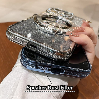 🔥Nytt för 2026—Glittrande Rhinestones Magnetisk iPhone-fodral med Osynlig Ställning