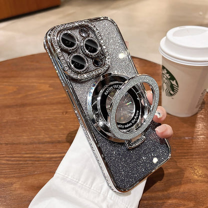 🔥Nytt för 2026—Glittrande Rhinestones Magnetisk iPhone-fodral med Osynlig Ställning