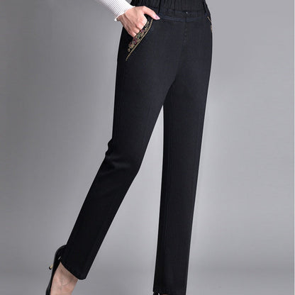 Kvinnors sidfick med full elastisk midja jeans