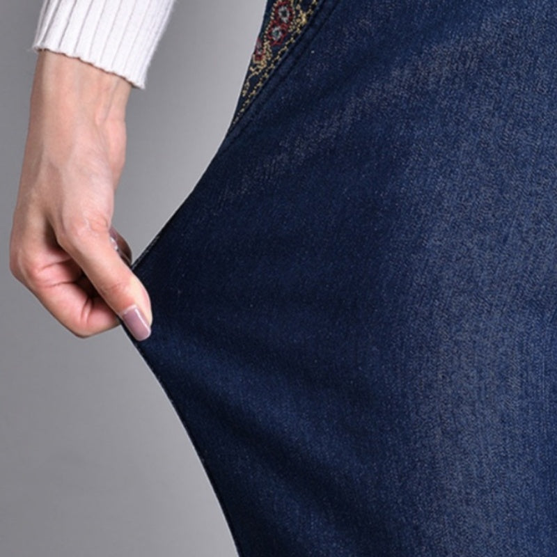Kvinnors sidfick med full elastisk midja jeans