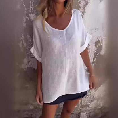 💥🥰T-shirt i bomull och linne med överdimensionerad V-ringning