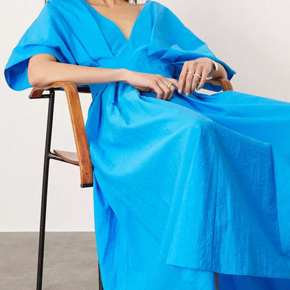 🌸Sommarfynd 49% RABATT🌸Trendig plisserad lång klänning med V-ringning