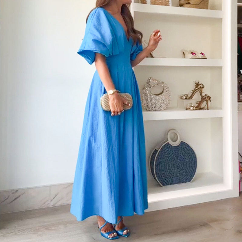 🌸Sommarfynd 49% RABATT🌸Trendig plisserad lång klänning med V-ringning