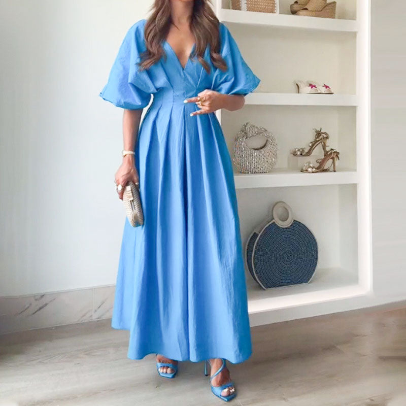 🌸Sommarfynd 49% RABATT🌸Trendig plisserad lång klänning med V-ringning