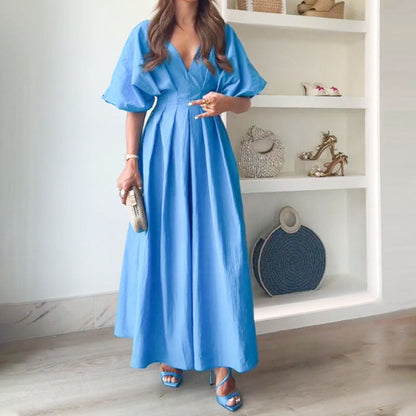 🌸Sommarfynd 49% RABATT🌸Trendig plisserad lång klänning med V-ringning